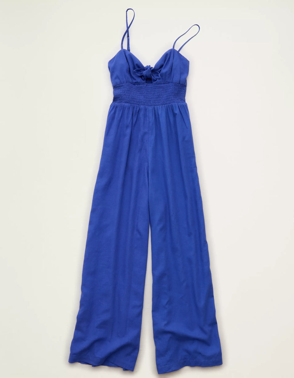Sweetheart Tie‑Front Smocked Wide‑Leg Jumpsuit