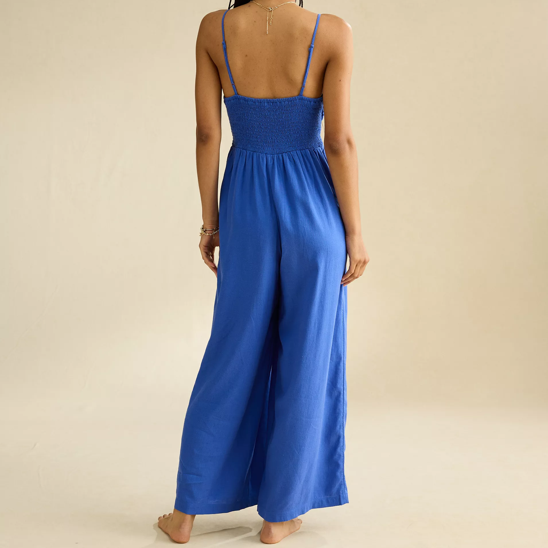 Sweetheart Tie‑Front Smocked Wide‑Leg Jumpsuit