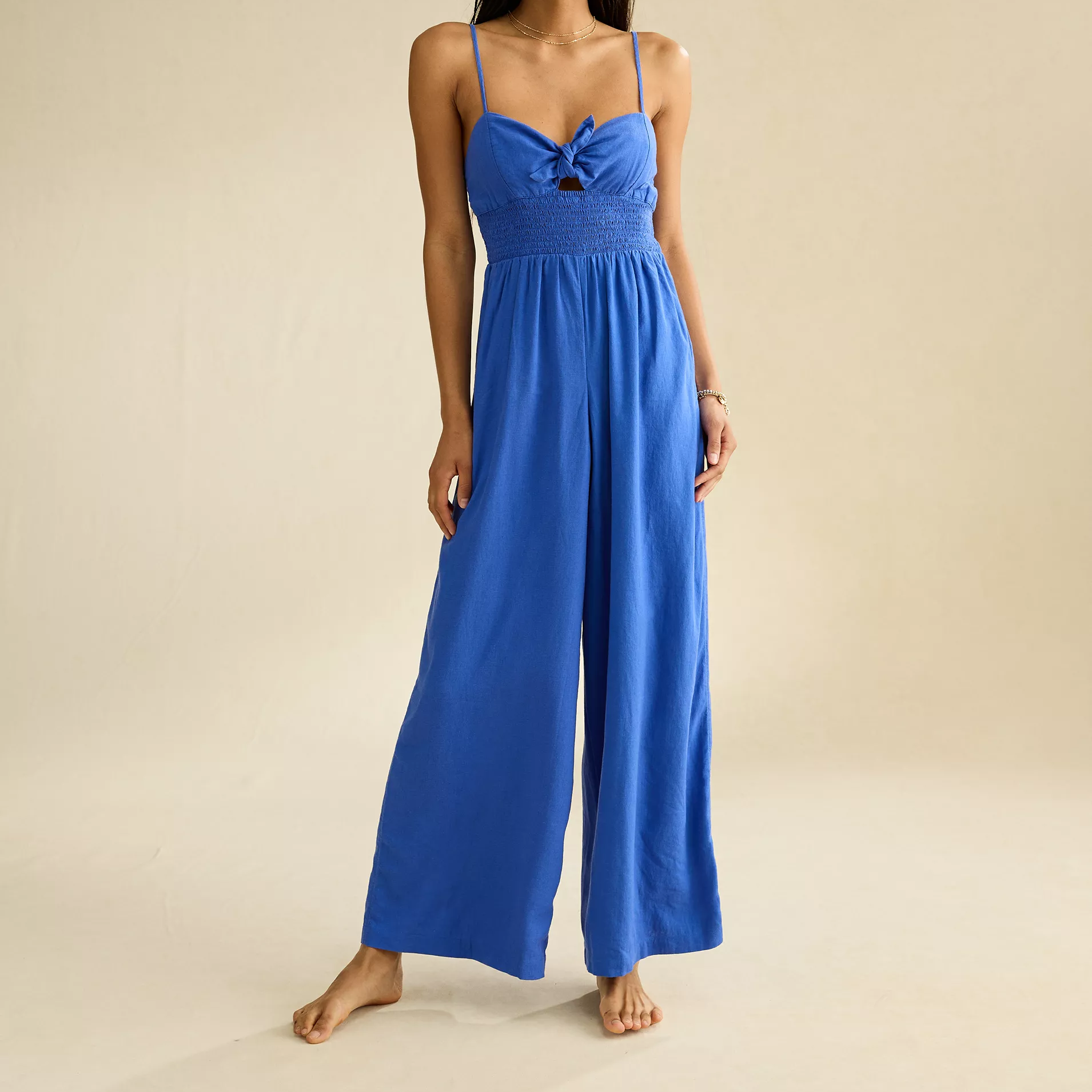 Sweetheart Tie‑Front Smocked Wide‑Leg Jumpsuit