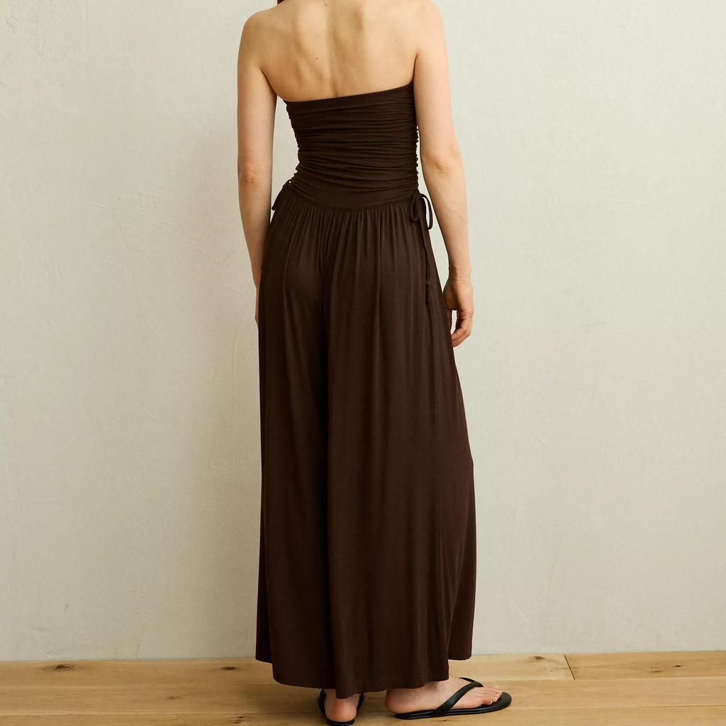 Strapless Ruched Side‑Tie Knit Wide‑Leg Jumpsuit