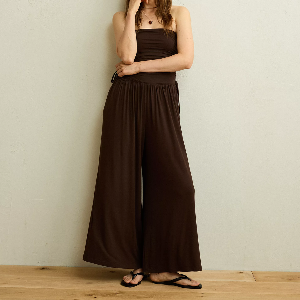 Strapless Ruched Side‑Tie Knit Wide‑Leg Jumpsuit