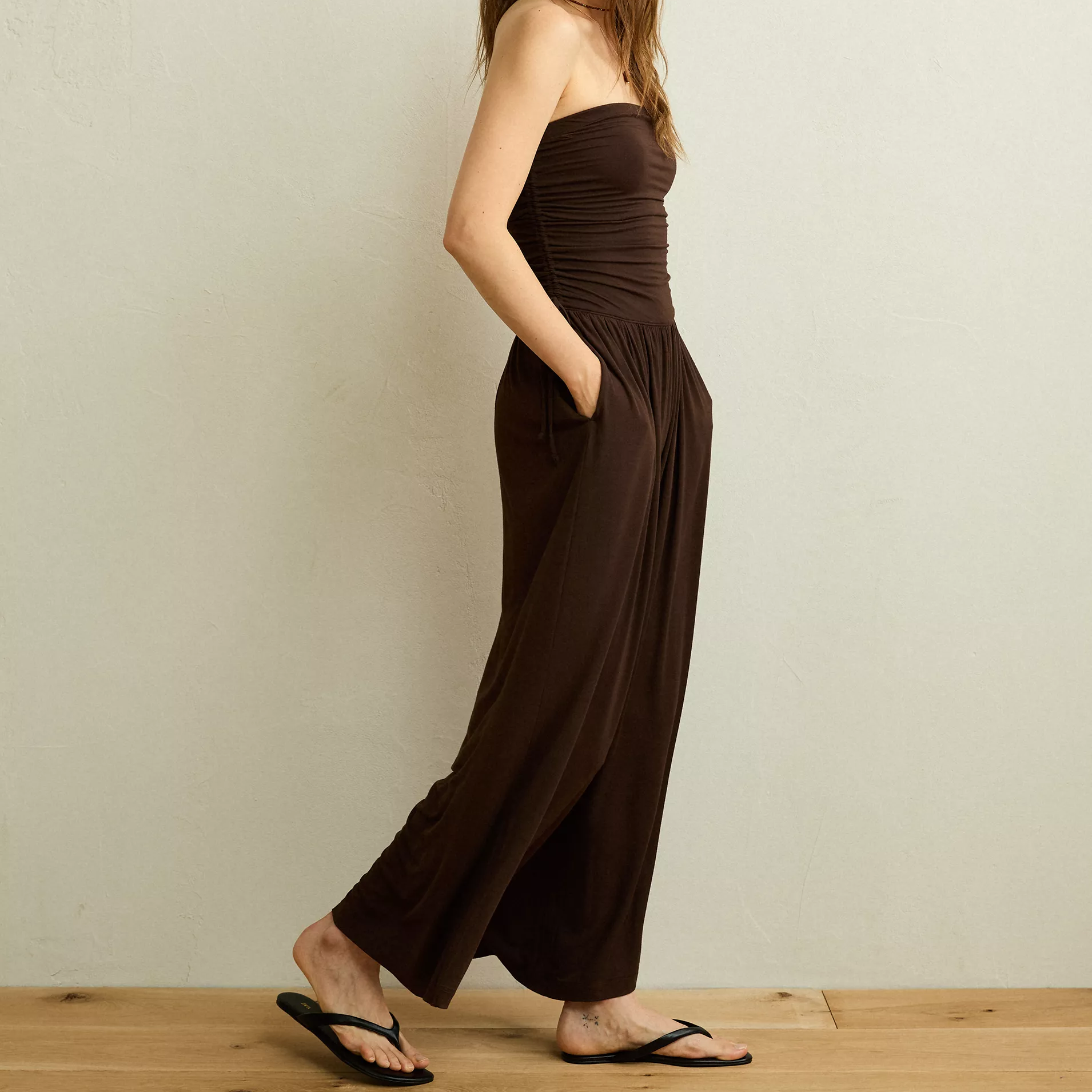 Strapless Ruched Side‑Tie Knit Wide‑Leg Jumpsuit