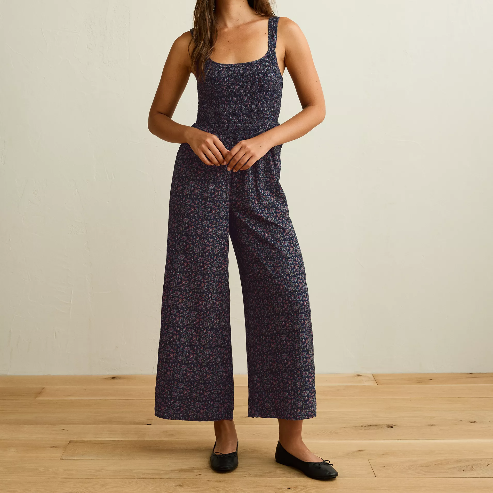 Ditsy Floral Smocked Wide‑Leg Sleeveless Jumpsuit