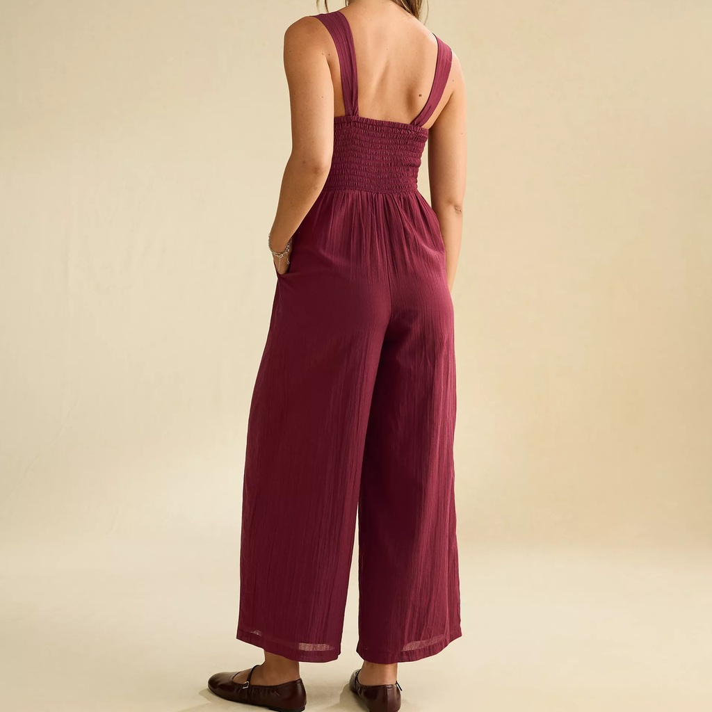 Scoop Neck Smocked Wide‑Leg Sleeveless Jumpsuit