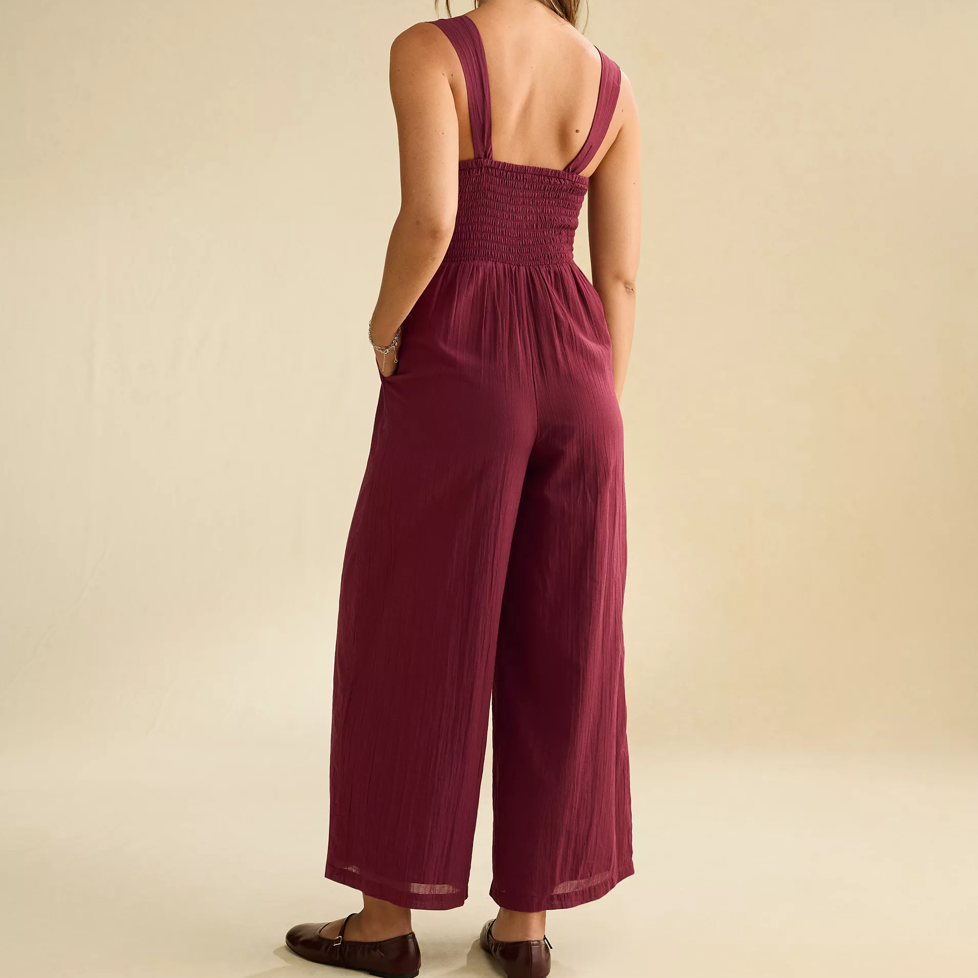 Scoop Neck Smocked Wide‑Leg Sleeveless Jumpsuit