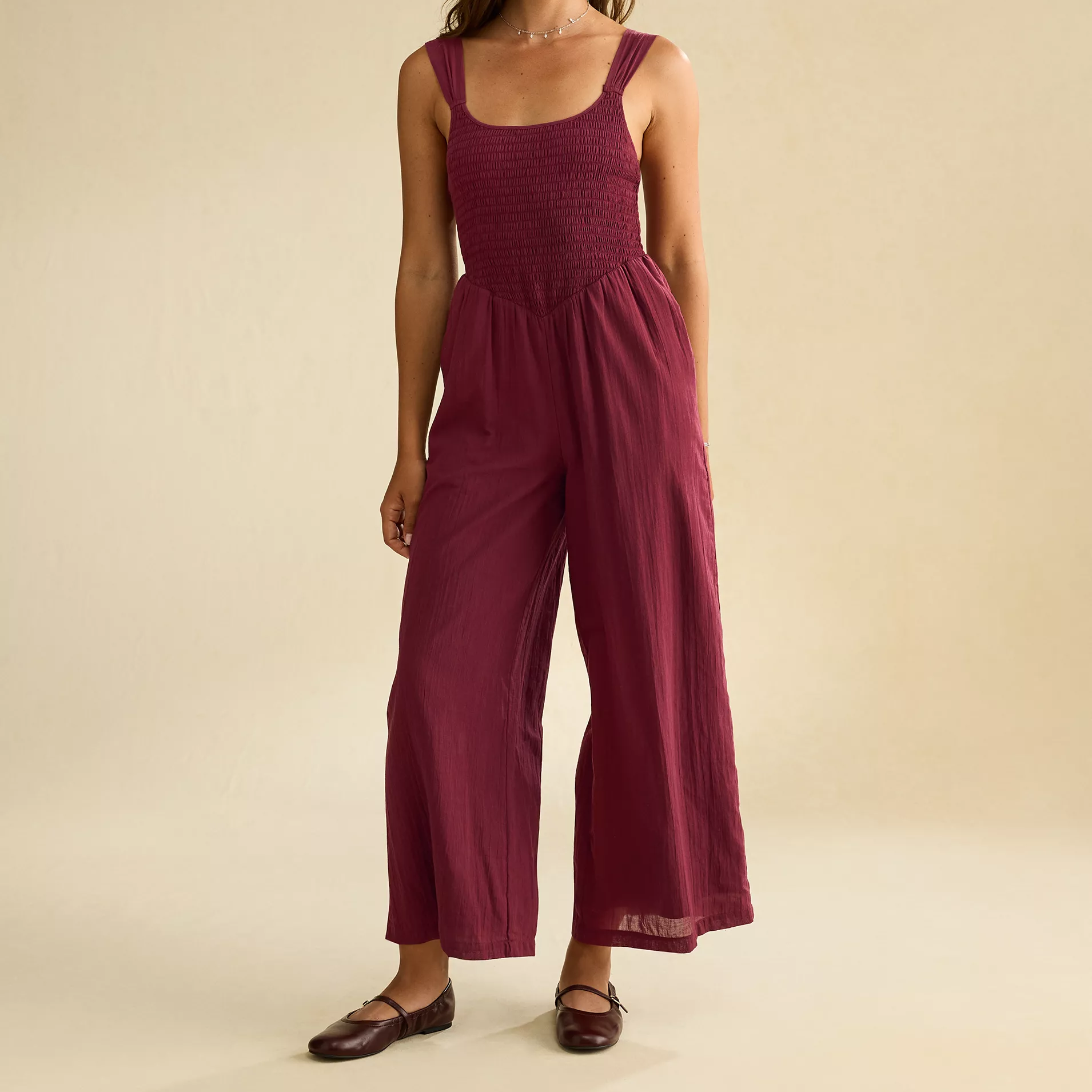 Scoop Neck Smocked Wide‑Leg Sleeveless Jumpsuit